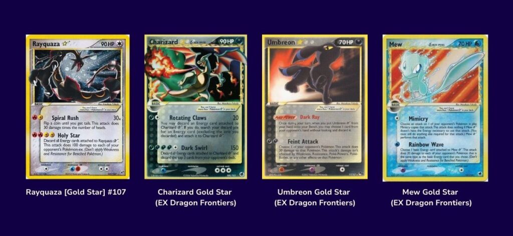Gold Star Pokémon cards, Shining cards, Crystal types, and other specialty designs